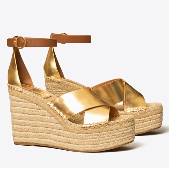 TORY BURCH Matte Metallic Gold Selby Wedge Platform Espadrille Sandals S… - Picture 1 of 15